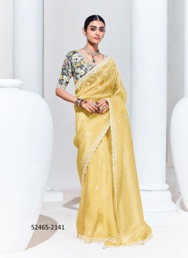 Yellow Organza Digitally Printed Party-Wear Boutique-Style Saree