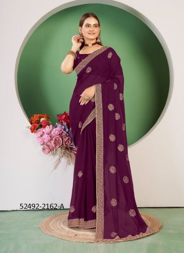 Purple Blooming Georgette Embroidered Festive-Wear Saree