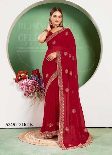 Crimson Red Blooming Georgette Embroidered Festive-Wear Saree