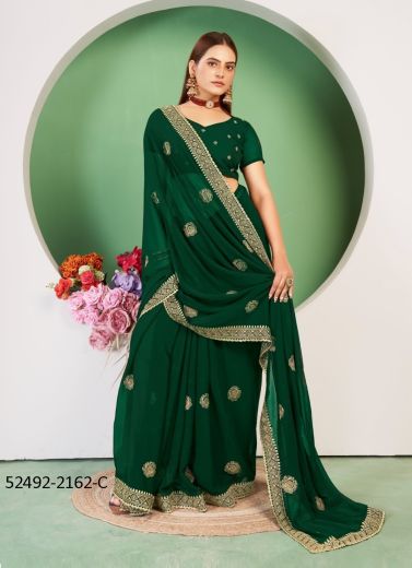 Green Blooming Georgette Embroidered Festive-Wear Saree