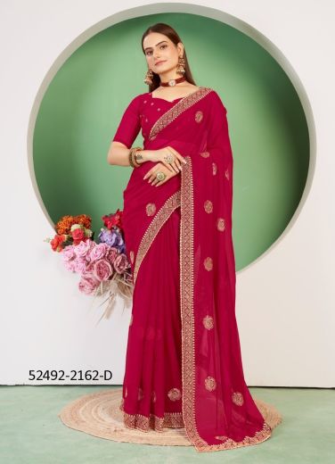 Magenta Blooming Georgette Embroidered Festive-Wear Saree