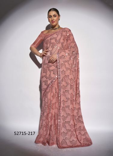 Light Salmon Georgette Embroidered Party-Wear Beautiful Saree