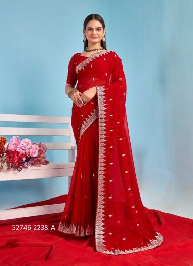 Red Georgette Embroidered Festive-Wear Desi Saree