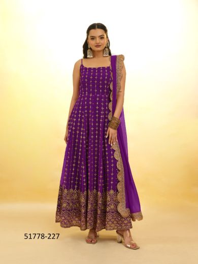Violet Georgette Embroidered Party-Wear Trending Readymade Sleeveless Salwar Kameez