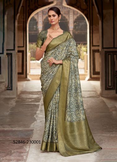 Multicolored Silk Digitally Printed Festive-Wear Jacquard Saree