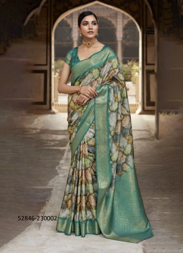 Multicolored Silk Digitally Printed Festive-Wear Jacquard Saree