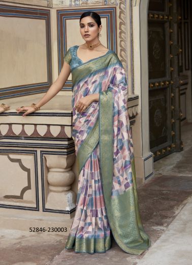 Multicolored Silk Digitally Printed Festive-Wear Jacquard Saree