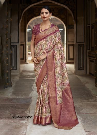 Multicolored Silk Digitally Printed Festive-Wear Jacquard Saree