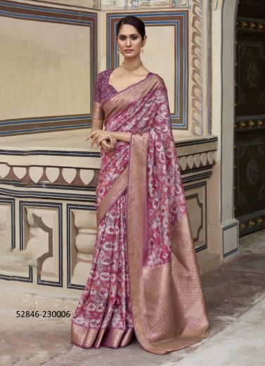 Purple & White Silk Digitally Printed Festive-Wear Jacquard Saree