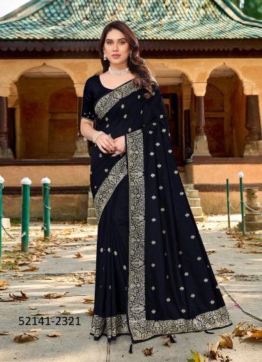 Black Vichitra Blooming Silk Embroidered Festive-Wear Saree