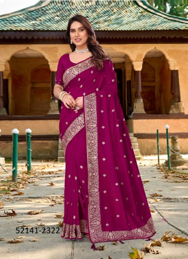 Magenta Vichitra Blooming Silk Embroidered Festive-Wear Saree