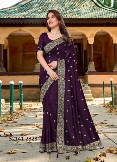 Dark Violet Vichitra Blooming Silk Embroidered Festive-Wear Saree