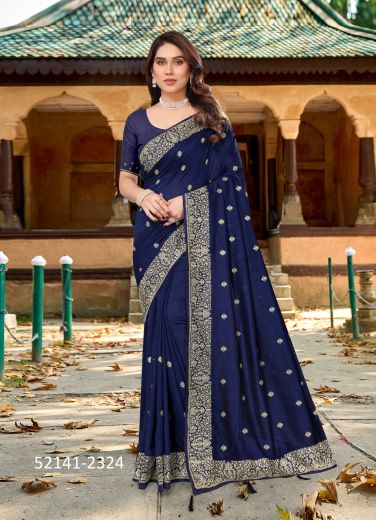 Blue Vichitra Blooming Silk Embroidered Festive-Wear Saree