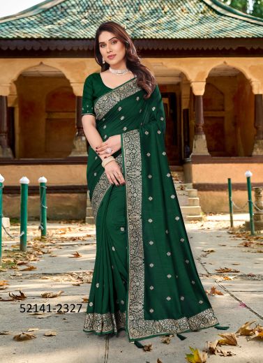 Green Vichitra Blooming Silk Embroidered Festive-Wear Saree