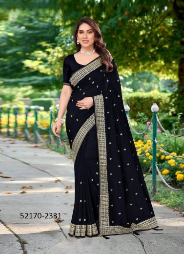 Black Vichitra Silk Blooming Embroidered Festive-Wear Saree