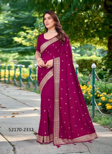 Magenta Vichitra Silk Blooming Embroidered Festive-Wear Saree