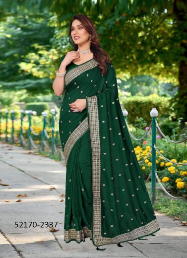Green Vichitra Silk Blooming Embroidered Festive-Wear Saree