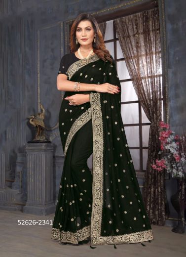 Black Vichitra Silk Blooming Woven Festive-Wear Saree