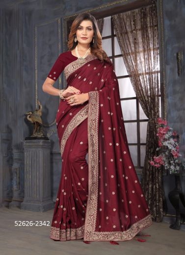 Maroon Vichitra Silk Blooming Woven Festive-Wear Saree