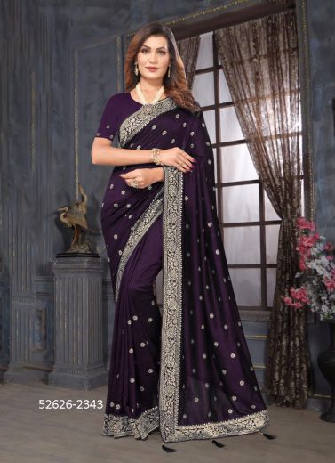 Dark Purple Vichitra Silk Blooming Woven Festive-Wear Saree