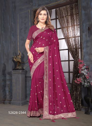 Dark Magenta Vichitra Silk Blooming Woven Festive-Wear Saree