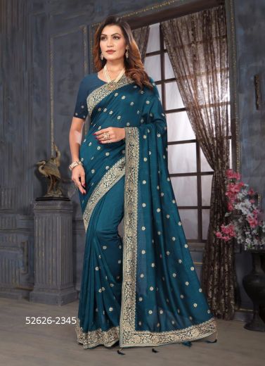 Sea Blue Vichitra Silk Blooming Woven Festive-Wear Saree