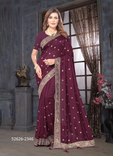 Wine Vichitra Silk Blooming Woven Festive-Wear Saree