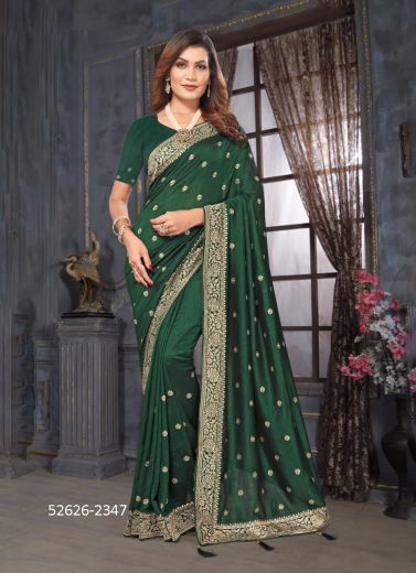 Green Vichitra Silk Blooming Woven Festive-Wear Saree