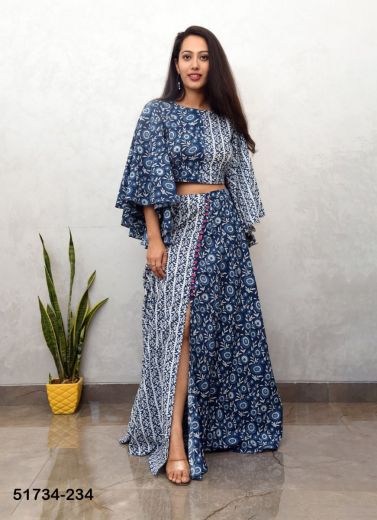 Blue & White Cotton Printed Party-Wear Readymade Choli & Skirt Set