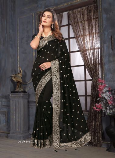 Black Vichitra Silk Embroidered Festive-Wear Desi Saree