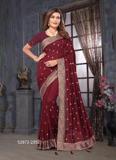 Wine Vichitra Silk Embroidered Festive-Wear Desi Saree