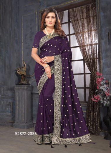 Violet Vichitra Silk Embroidered Festive-Wear Desi Saree