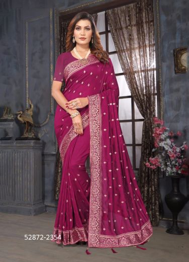 Magenta Vichitra Silk Embroidered Festive-Wear Desi Saree