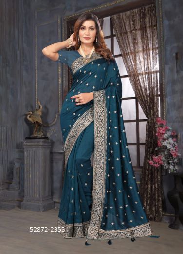 Sea Blue Vichitra Silk Embroidered Festive-Wear Desi Saree