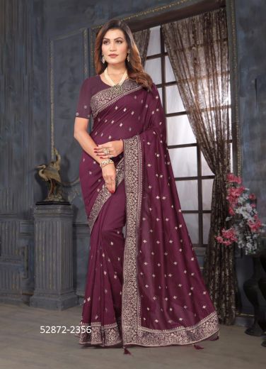 Purple Vichitra Silk Embroidered Festive-Wear Desi Saree