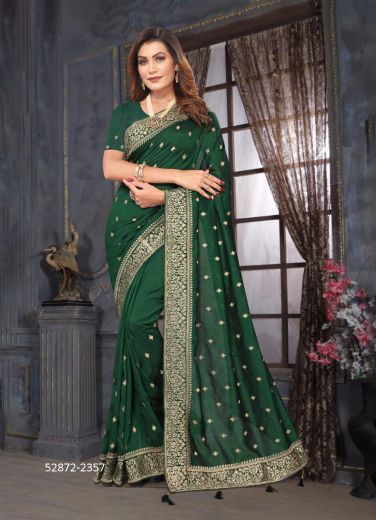 Green Vichitra Silk Embroidered Festive-Wear Desi Saree