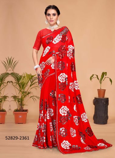 Red Georgette Sequins-Work Party-Wear Desi Saree