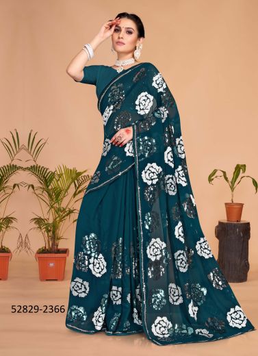 Sea Blue Georgette Sequins-Work Party-Wear Desi Saree