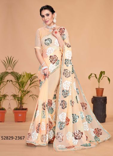 Light Peach Georgette Sequins-Work Party-Wear Desi Saree