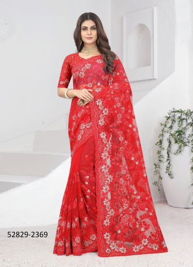 Red Net Sequins-Work Party-Wear Desi Saree