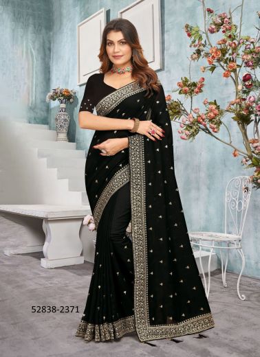 Black Vichitra Silk Embroidered Festive-Wear Desi Saree