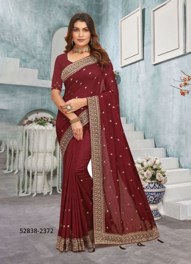 Maroon Vichitra Silk Embroidered Festive-Wear Desi Saree