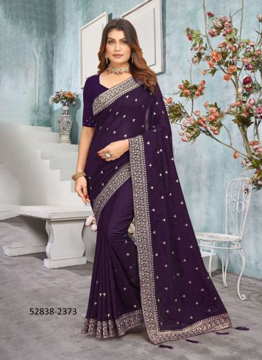 Dark Violet Vichitra Silk Embroidered Festive-Wear Desi Saree