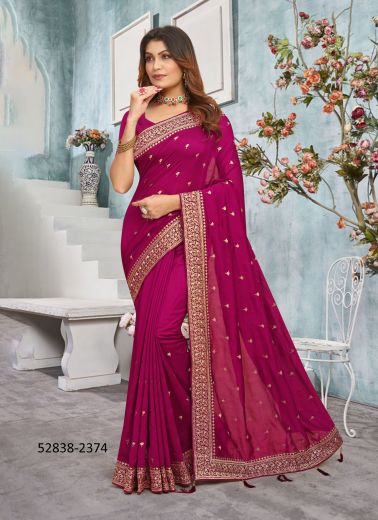 Magenta Vichitra Silk Embroidered Festive-Wear Desi Saree