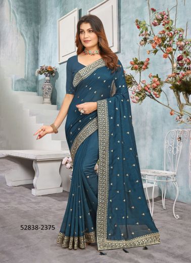 Sea Blue Vichitra Silk Embroidered Festive-Wear Desi Saree