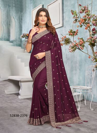 Dark Purple Vichitra Silk Embroidered Festive-Wear Desi Saree