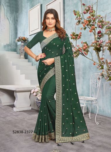 Green Vichitra Silk Embroidered Festive-Wear Desi Saree