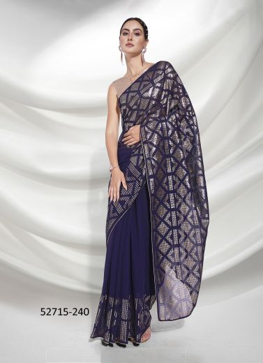 Dark Blue Georgette Embroidered Party-Wear Beautiful Saree