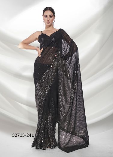 Black Georgette Embroidered Party-Wear Beautiful Saree