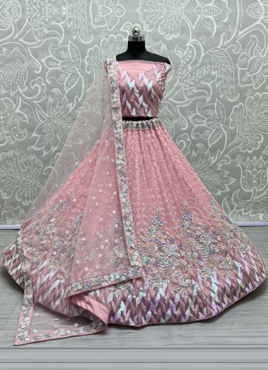 Pink Net Embroidery & Sequins-Work Wedding-Wear Bridal Lehenga Choli